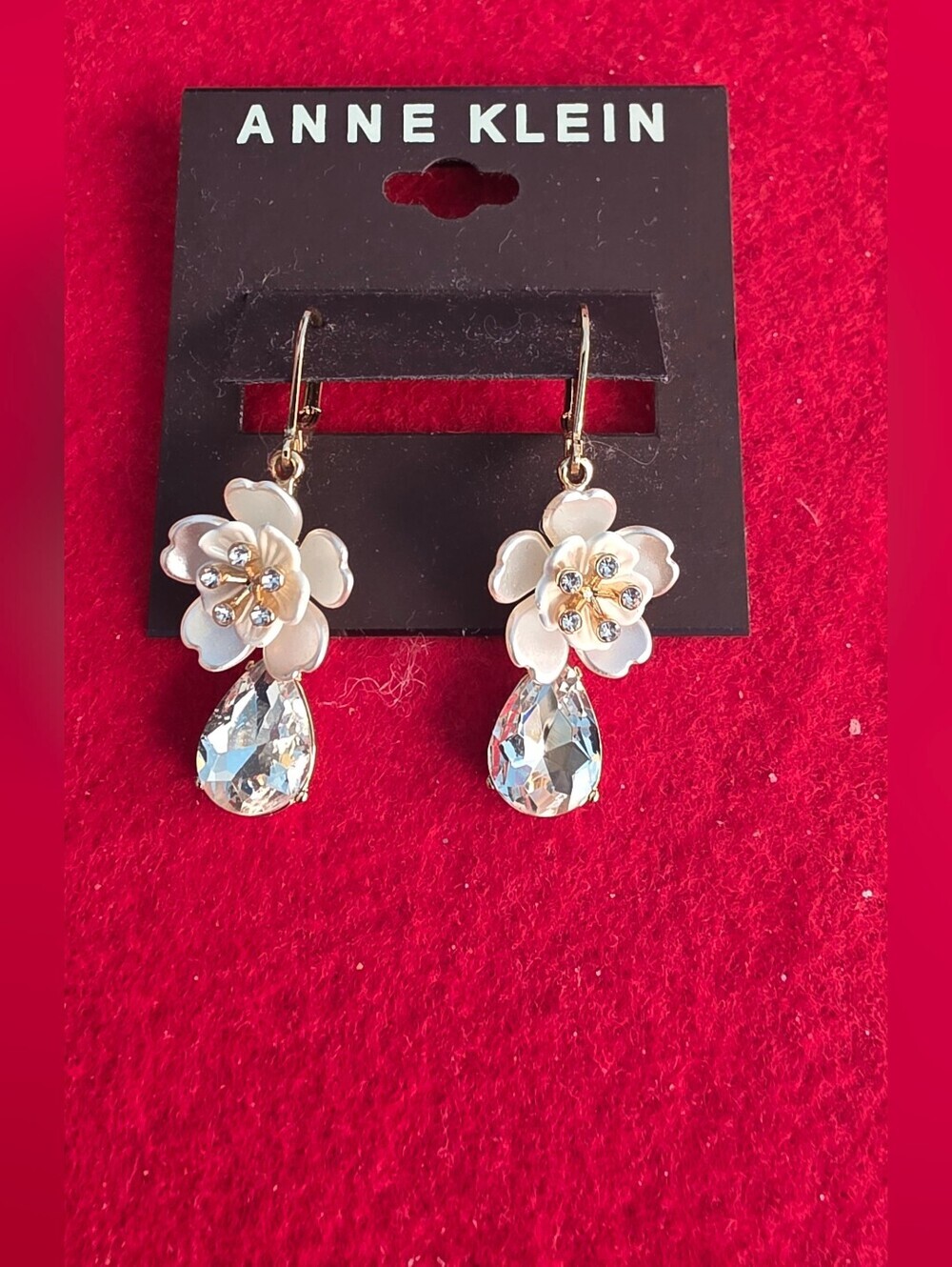 Anne Klein White Floral Drop Earrings with Crystal Teardrops